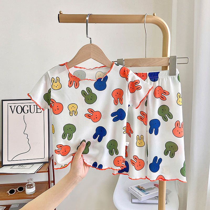 Pijamas de niños de verano de algodón delgado, ropa de aire acondicionado, ropa de casa de manga corta, trajes
