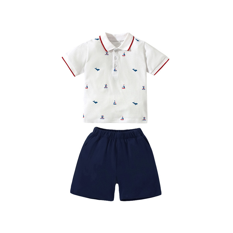 Polo de manga corta de color blanco personalizado para niños y. Pantalón corto azul marino 2pcs conjunto ropa de verano para niños
