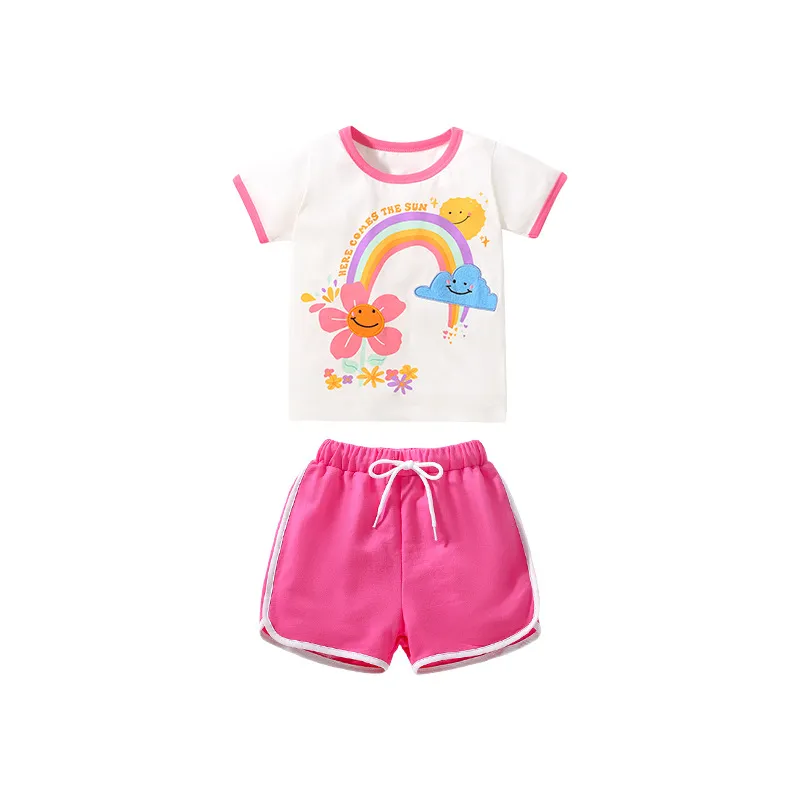 Ropa de verano 2024 Lovely and Fashion niños niña niño niño pequeño Camiseta con estampado de arco iris y pantalón corto deportivo ropa