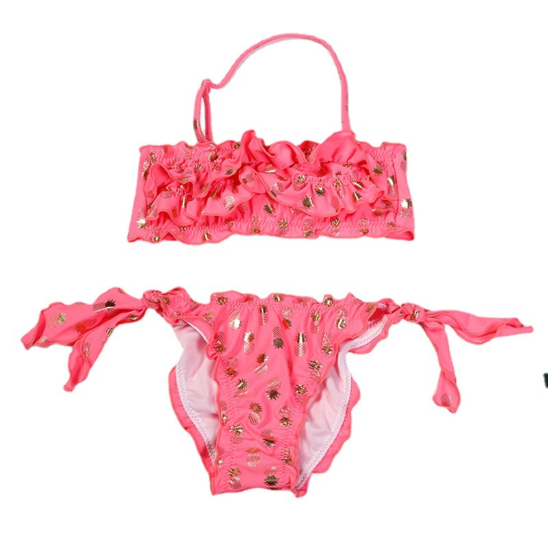 Bañador de dos piezas para niñas con estampado de foil dorado y volantes