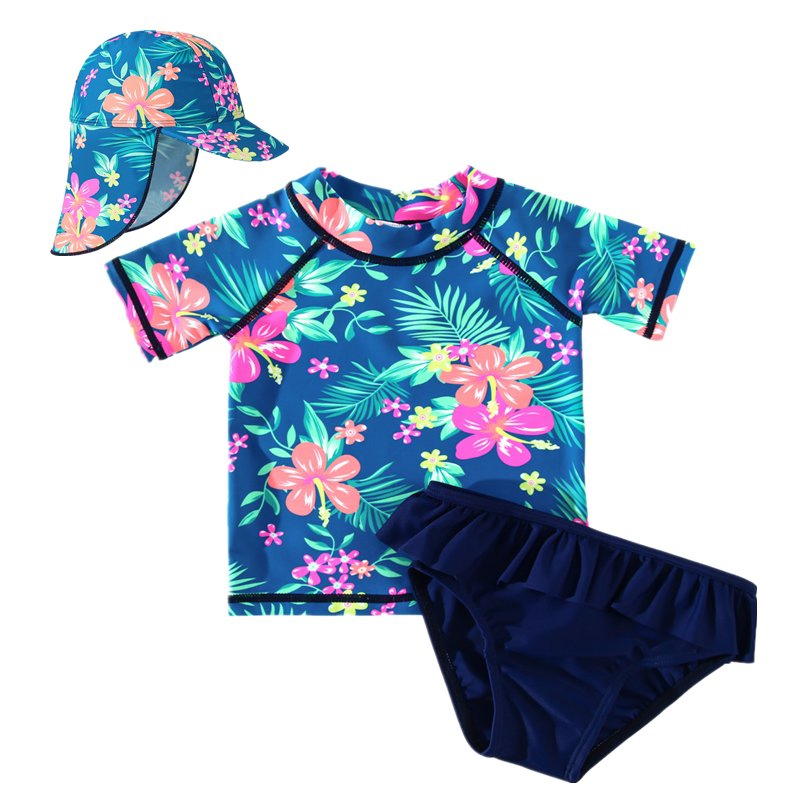 Conjunto de dos piezas de verano para niñas pequeñas con Upf50+ sombrero de sol de manga corta