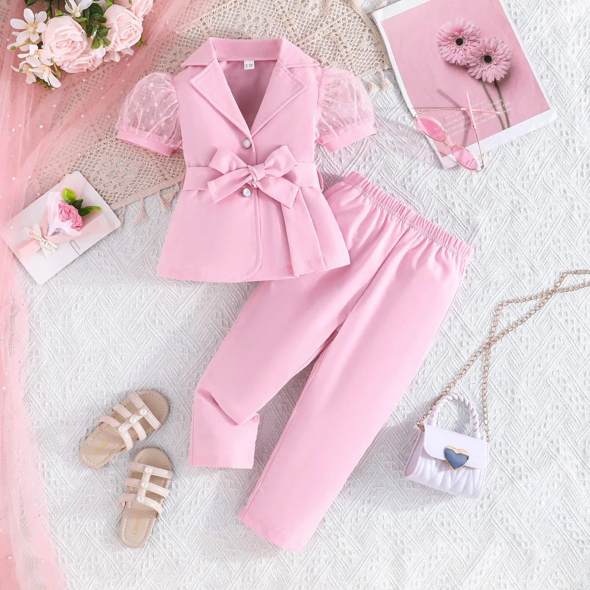 Ropa de bebé para niñas, top sin mangas de color sólido, pantalones anchos con flores 2PCS Ropa para niños, moda, ropa infantil