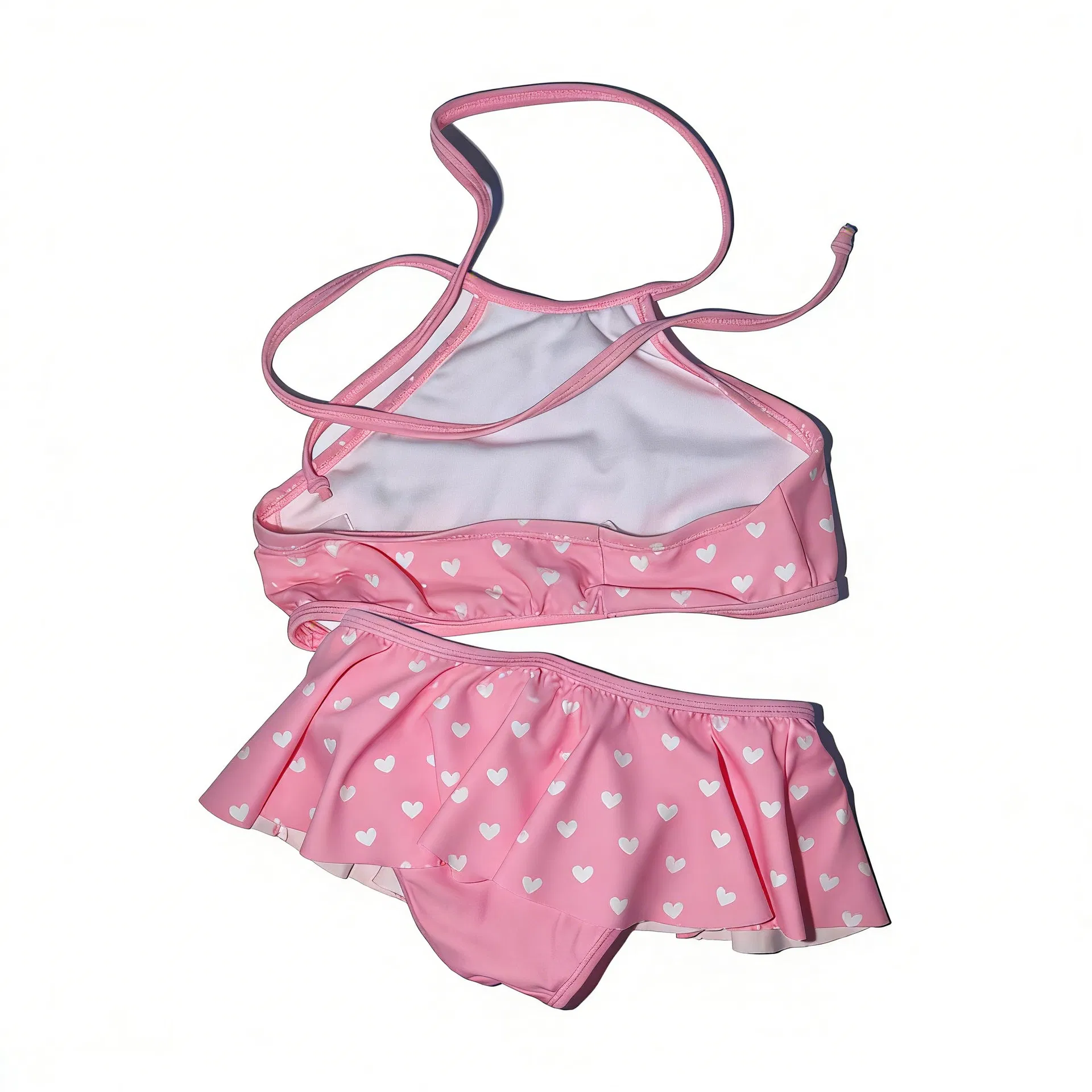 Bonito traje de baño de dos piezas con volantes en forma de corazón rosa para niños