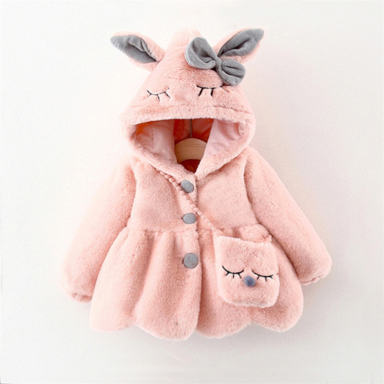 Chaqueta de bebé de peluche con orejas de conejo, abrigo de princesa dulce para niñas, ropa de otoño e invierno, abrigo con capucha cálido para niñas pequeñas