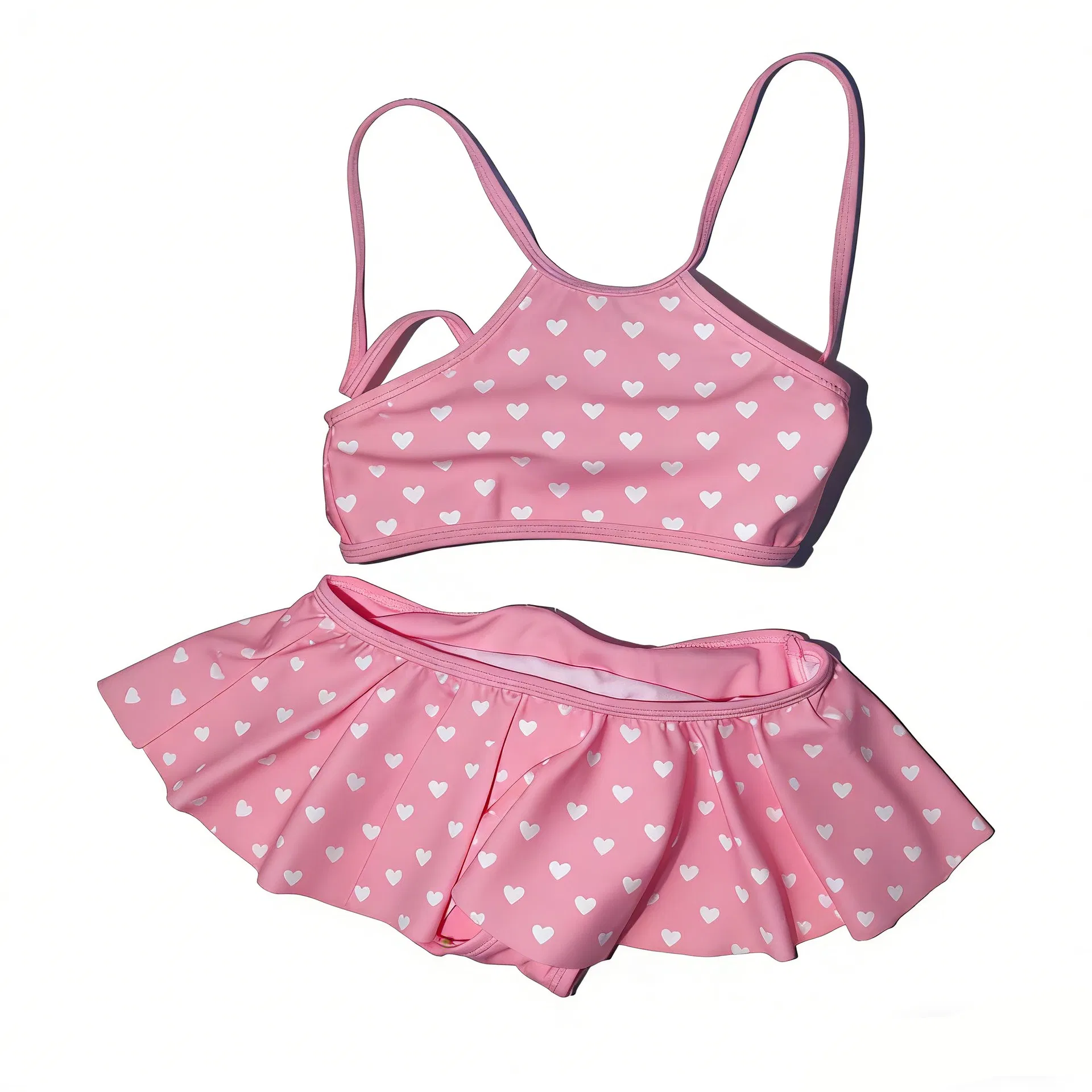 Bonito traje de baño de dos piezas con volantes en forma de corazón rosa para niños