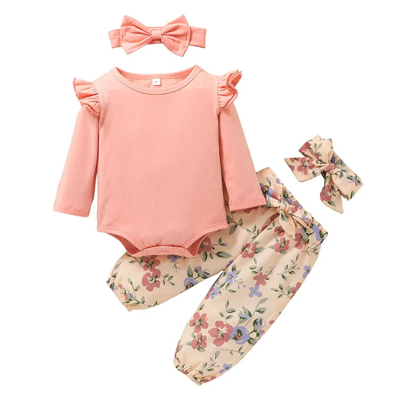 Ropa de Navidad para Niñas Pequeñas Conjuntos de Pantalones de Impresión de Flores Sólidas con Cuello Redondo de Manga Larga y Volantes 3 Piezas