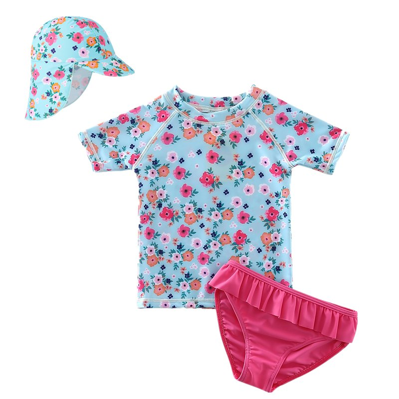Conjunto de dos piezas de verano para niñas pequeñas con Upf50+ sombrero de sol de manga corta