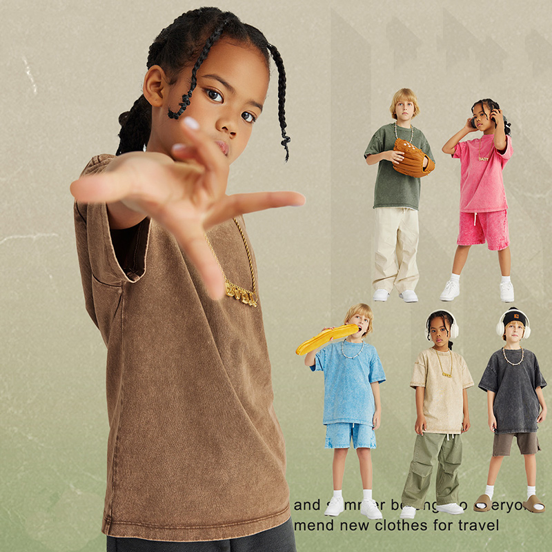 Camiseta de algodón lavada a la moda para niños de verano personalizada al por mayor 270GSM 100% Camiseta para niños con hombros caídos, camiseta vintage de lavado ácido para niños y niñas