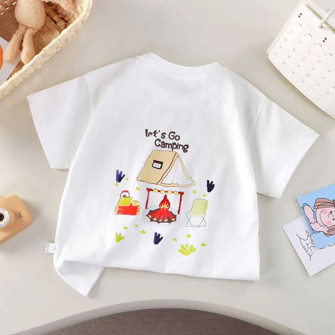 Ropa nueva para bebés niñas, camiseta de cuello redondo impresa, camiseta de algodón orgánico de manga corta para niños