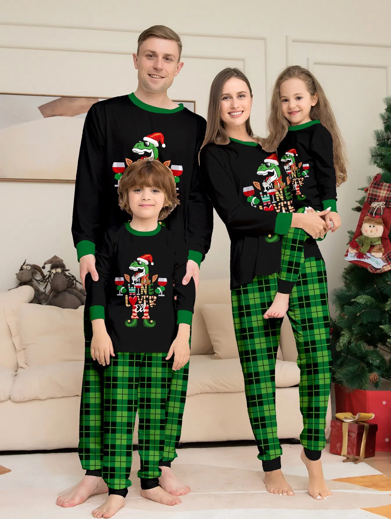 Nuevo vestido de hogar de poliéster para padres e hijos, pijama de dormir para niños, estampado de Santa en toda la prenda, conjunto navideño familiar para mascotas