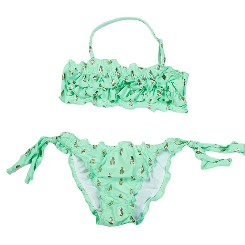 Bañador de dos piezas para niñas con estampado de foil dorado y volantes