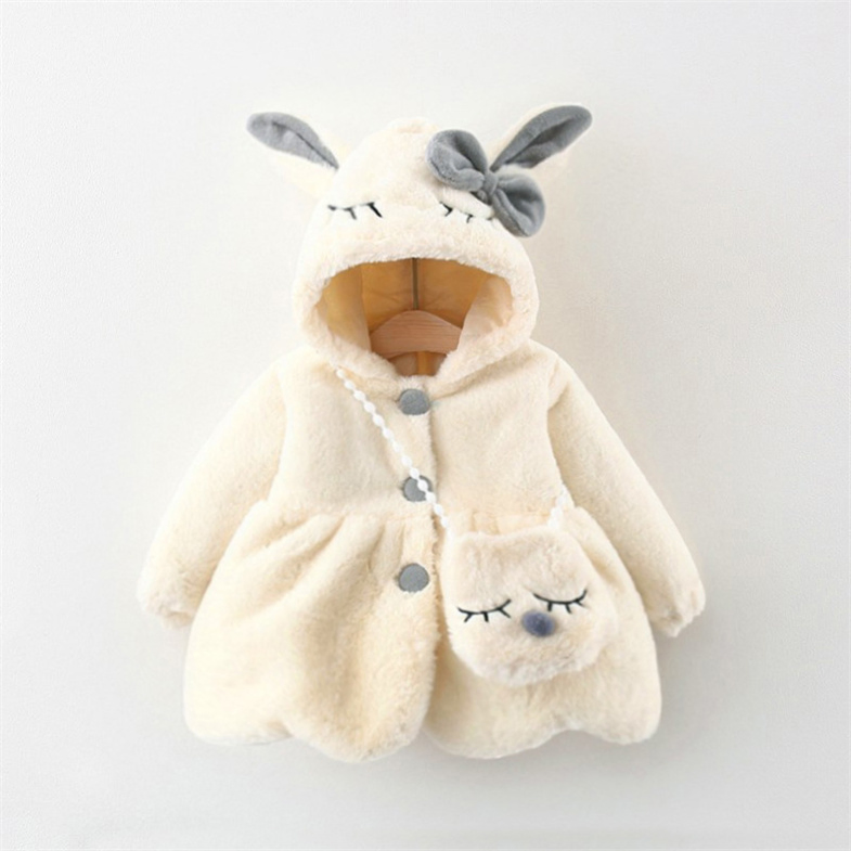Chaqueta de bebé de peluche con orejas de conejo, abrigo de princesa dulce para niñas, ropa de otoño e invierno, abrigo con capucha cálido para niñas pequeñas