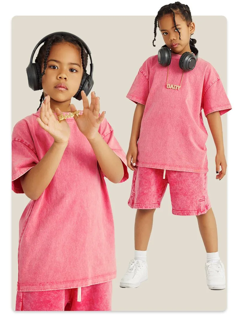 Camiseta de algodón lavada a la moda para niños de verano personalizada al por mayor 270GSM 100% Camiseta para niños con hombros caídos, camiseta vintage de lavado ácido para niños y niñas