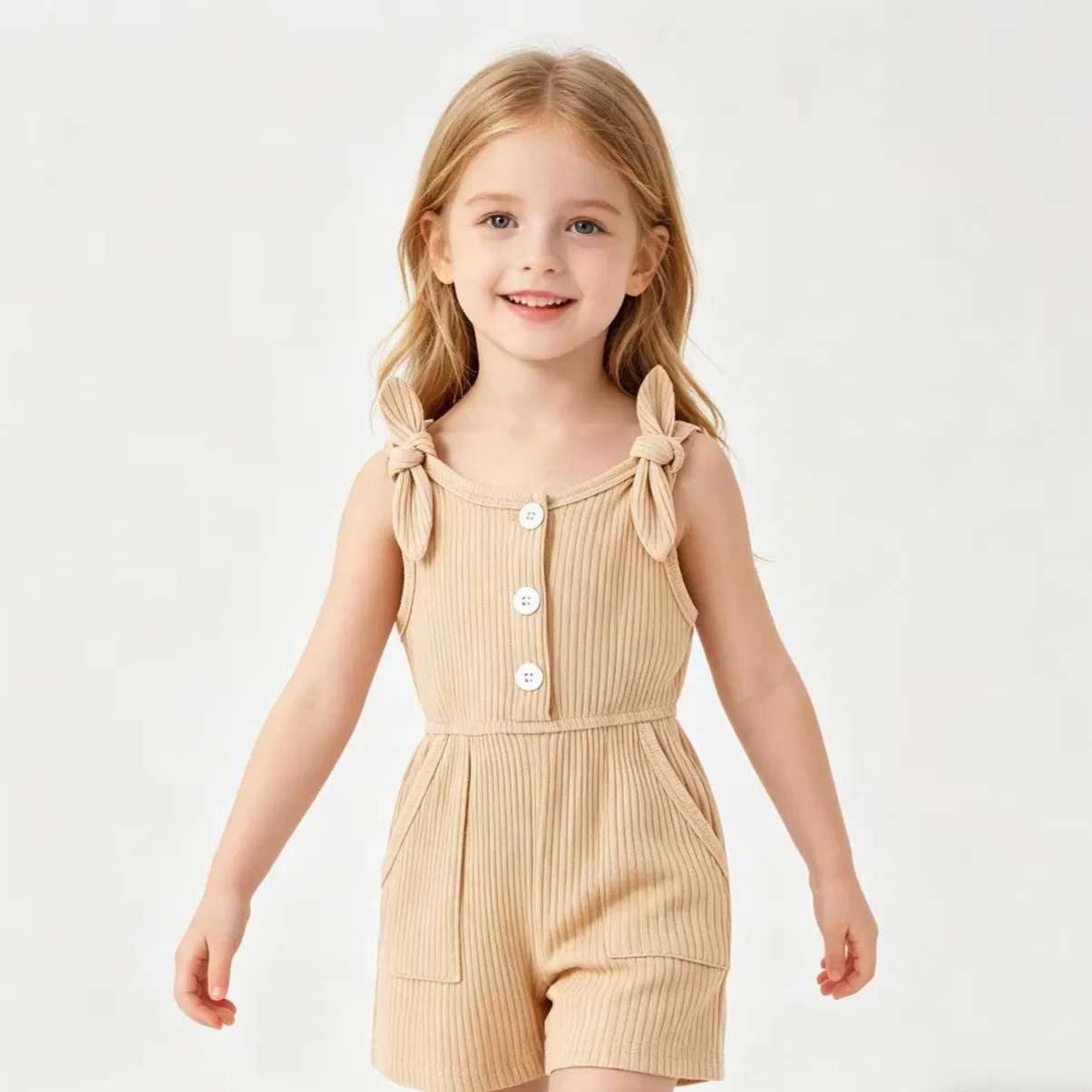 Mono de verano casual para niñas, tirantes de ribete, ropa para bebés, tejido de punto