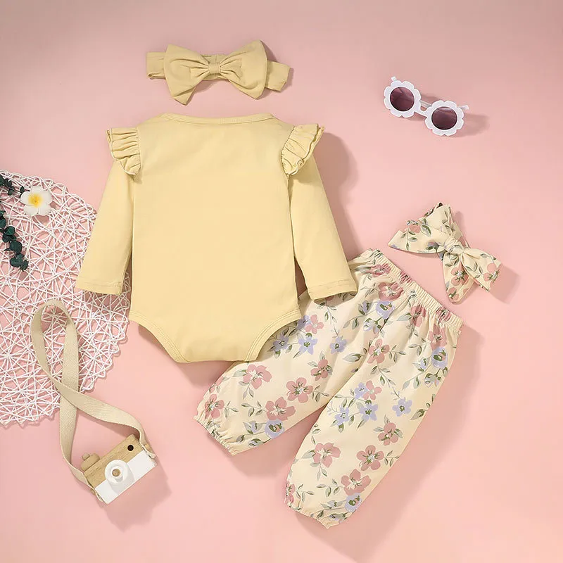 Ropa de Navidad para Niñas Pequeñas Conjuntos de Pantalones de Impresión de Flores Sólidas con Cuello Redondo de Manga Larga y Volantes 3 Piezas