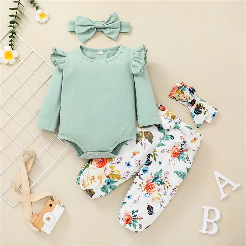 Ropa de Navidad para Niñas Pequeñas Conjuntos de Pantalones de Impresión de Flores Sólidas con Cuello Redondo de Manga Larga y Volantes 3 Piezas