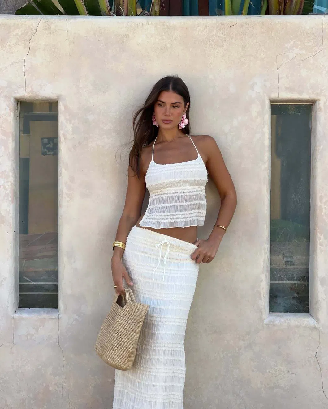 Vestido de playa con tirantes caídos, conjunto de falda ajustada de encaje transparente y sexy