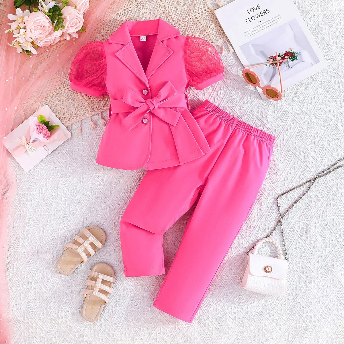 Ropa de bebé para niñas, top sin mangas de color sólido, pantalones anchos con flores 2PCS Ropa para niños, moda, ropa infantil
