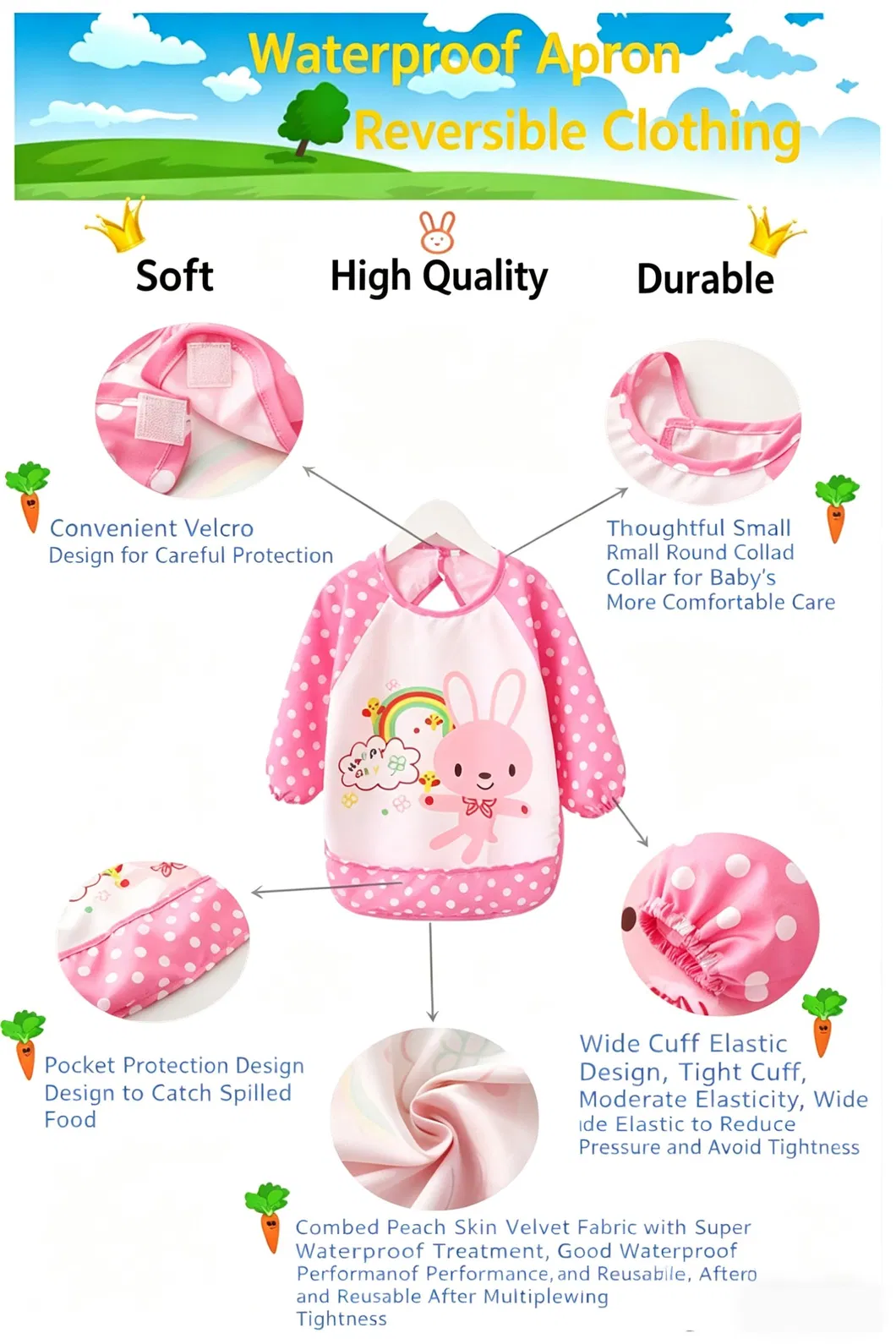 Bibs de tela con estampado de animales para bebés, baberos para niños, ropa de bebé de manga larga para la hora de la cena