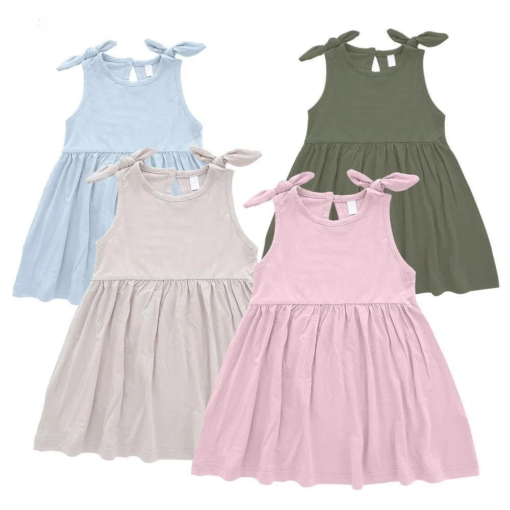 Vestido sin mangas de color liso de verano para niñas pequeñas con volantes y lazo
