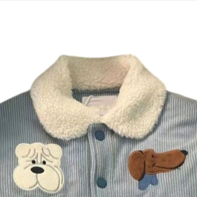 Nuevo abrigo de invierno para niños con parches de dibujos animados bordados, acolchado de algodón con forro de felpa, grueso, con cuello alto, cálido y lindo, abrigo exterior para niños