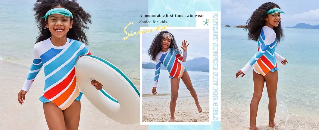 Traje de baño de manga larga con cremallera multicolor para niños Upf 50+