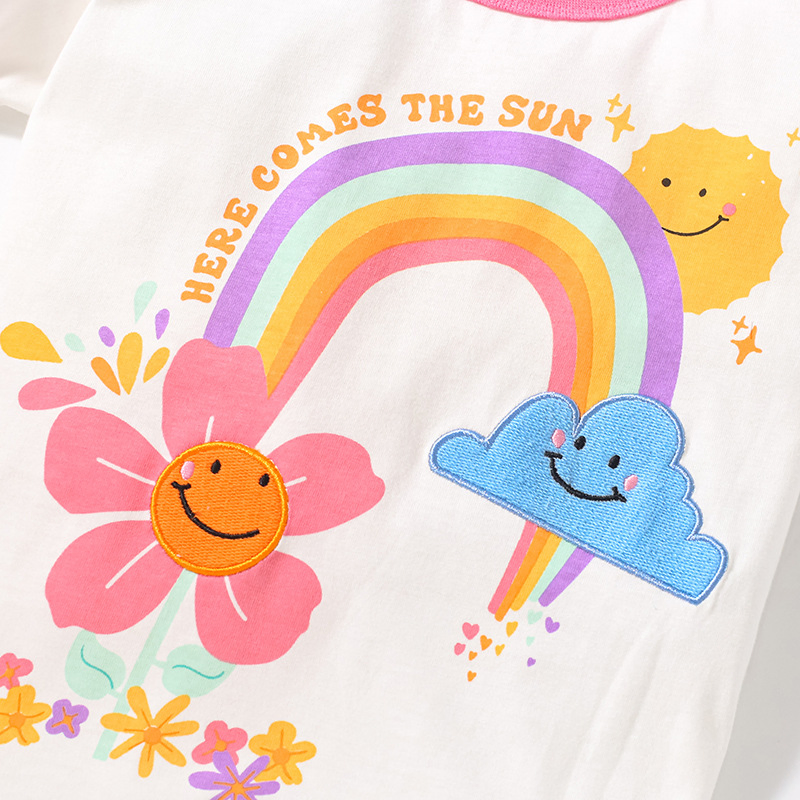 Ropa de verano 2024 Lovely and Fashion niños niña niño niño pequeño Camiseta con estampado de arco iris y pantalón corto deportivo ropa