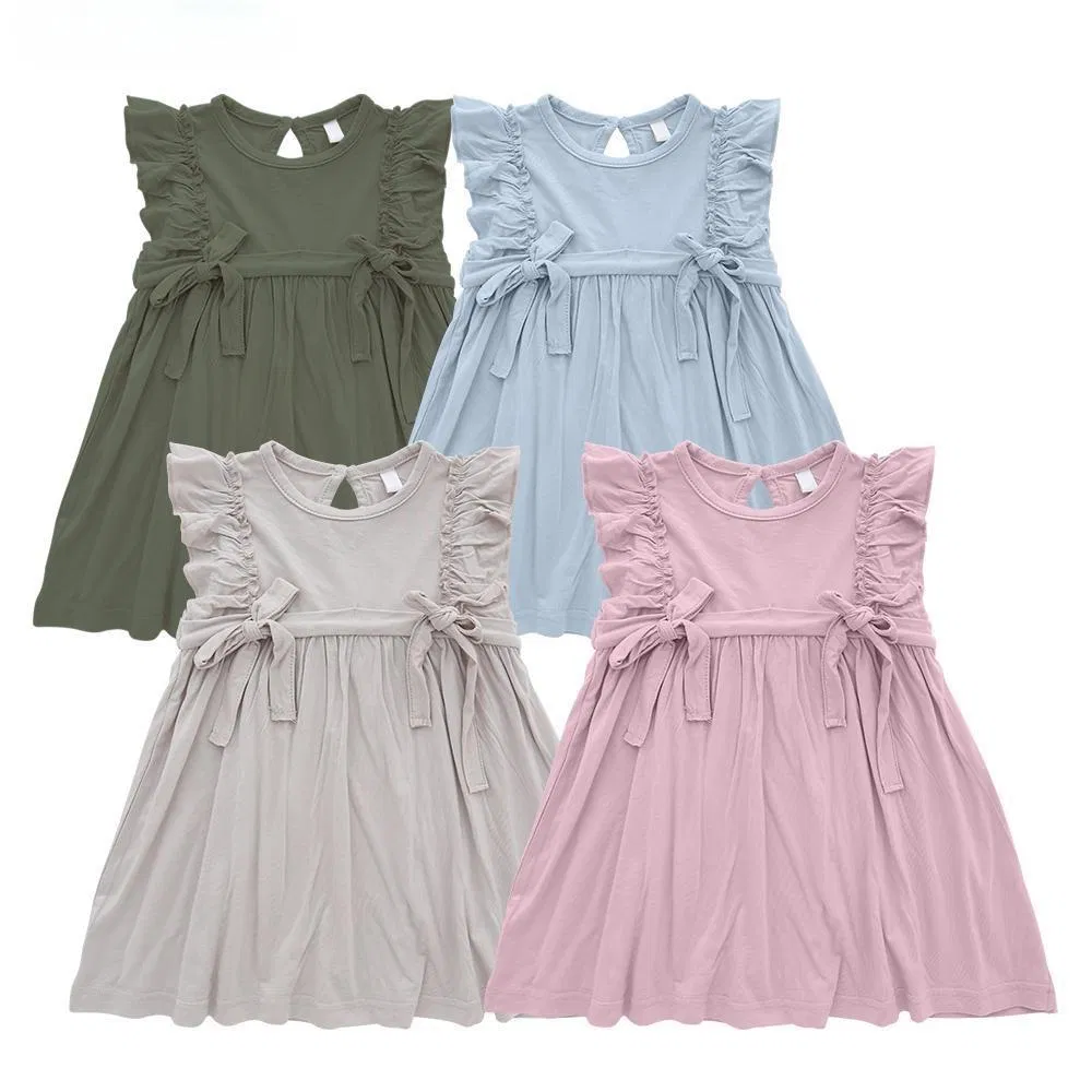 Vestido sin mangas de color liso de verano para niñas pequeñas con volantes y lazo