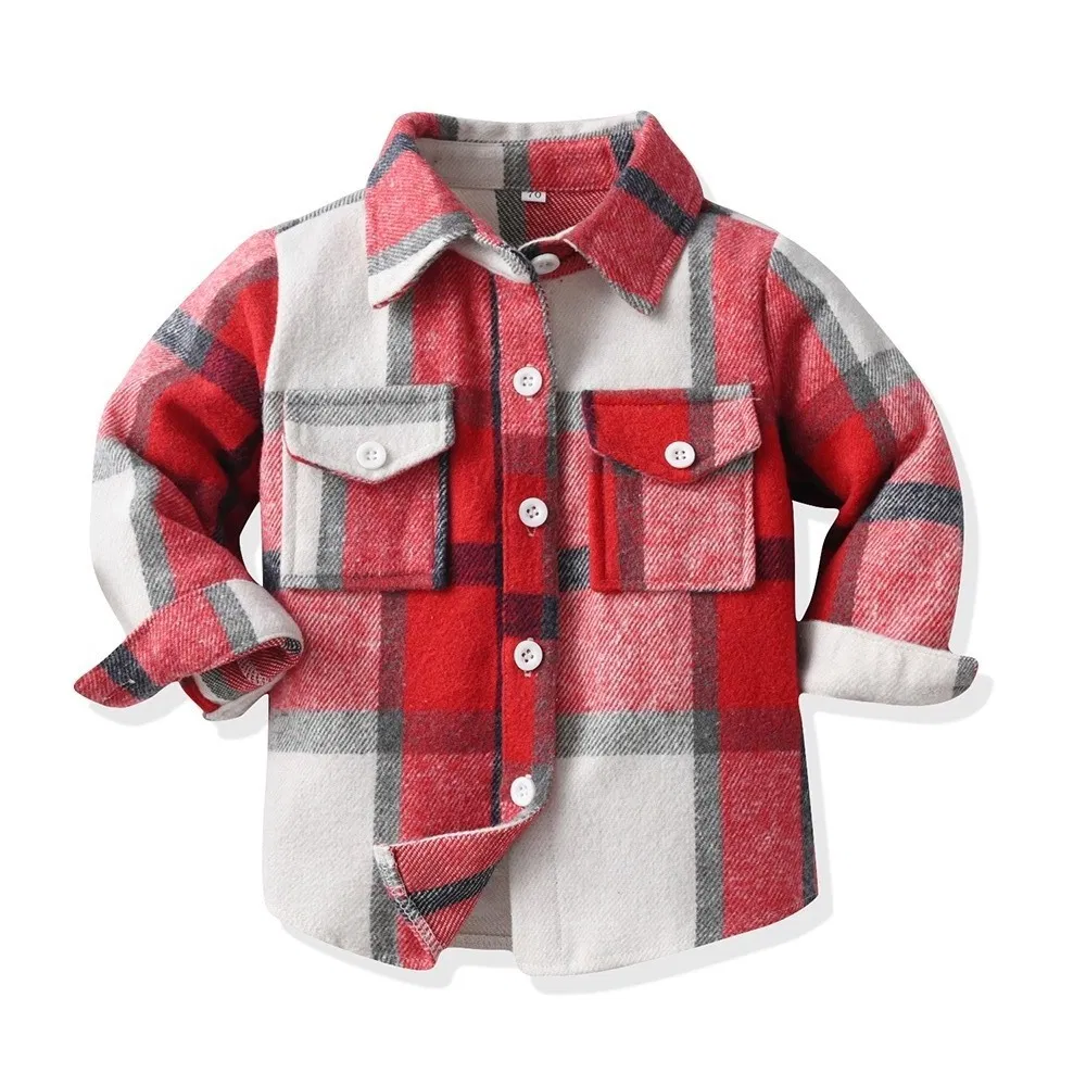 Ropa de niño invierno camisa de cuadros de algodón de manga larga ropa infantil con abrigo cepillado chaqueta de forro polar para niños chaqueta de invierno para niñas etiqueta personalizada