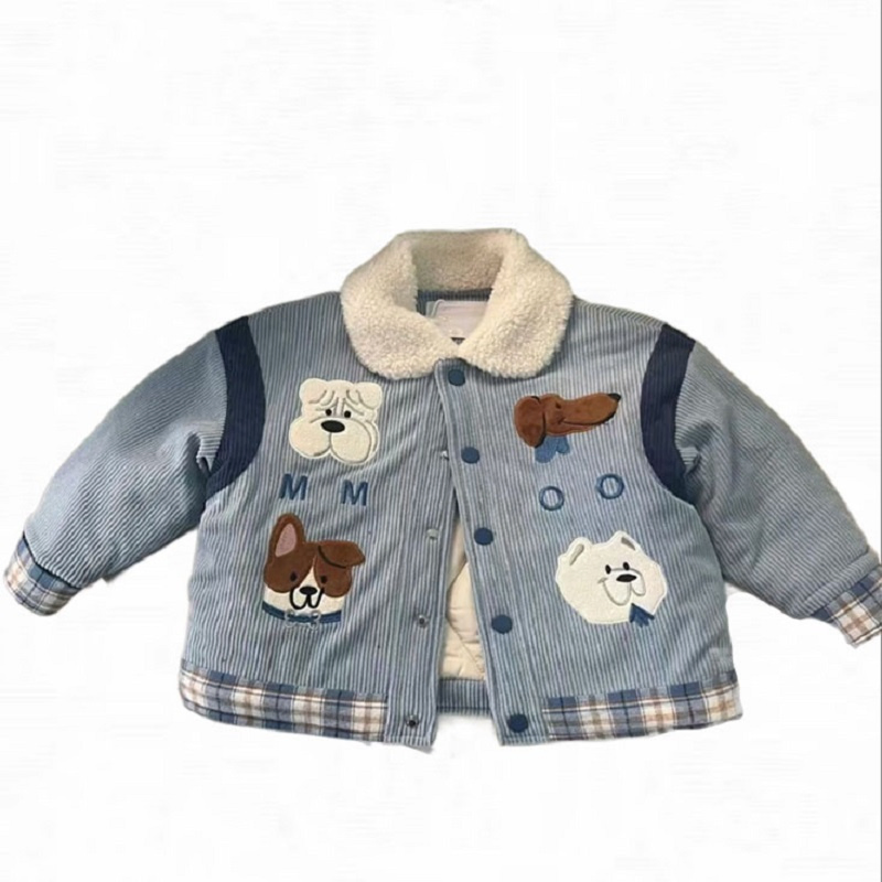 Nuevo abrigo de invierno para niños con parches de dibujos animados bordados, acolchado de algodón con forro de felpa, grueso, con cuello alto, cálido y lindo, abrigo exterior para niños