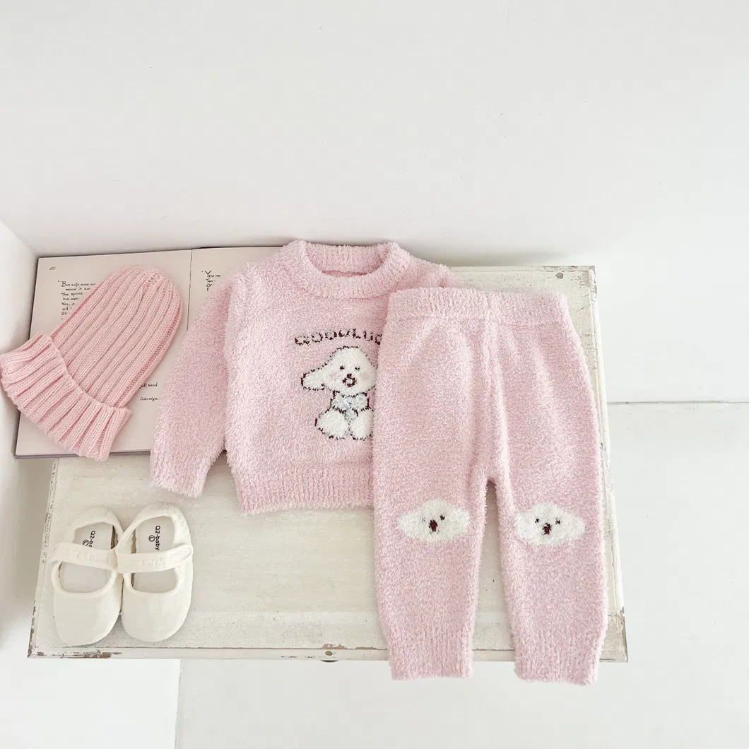 Conjunto de dos piezas de pijama de otoño e invierno para bebés y niños, ropa de punto para niñas, pantalones y top de terciopelo cálido con estampado de perro rosa, ideal para casa