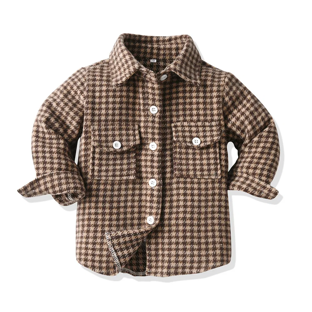 Ropa de niño invierno camisa de cuadros de algodón de manga larga ropa infantil con abrigo cepillado chaqueta de forro polar para niños chaqueta de invierno para niñas etiqueta personalizada