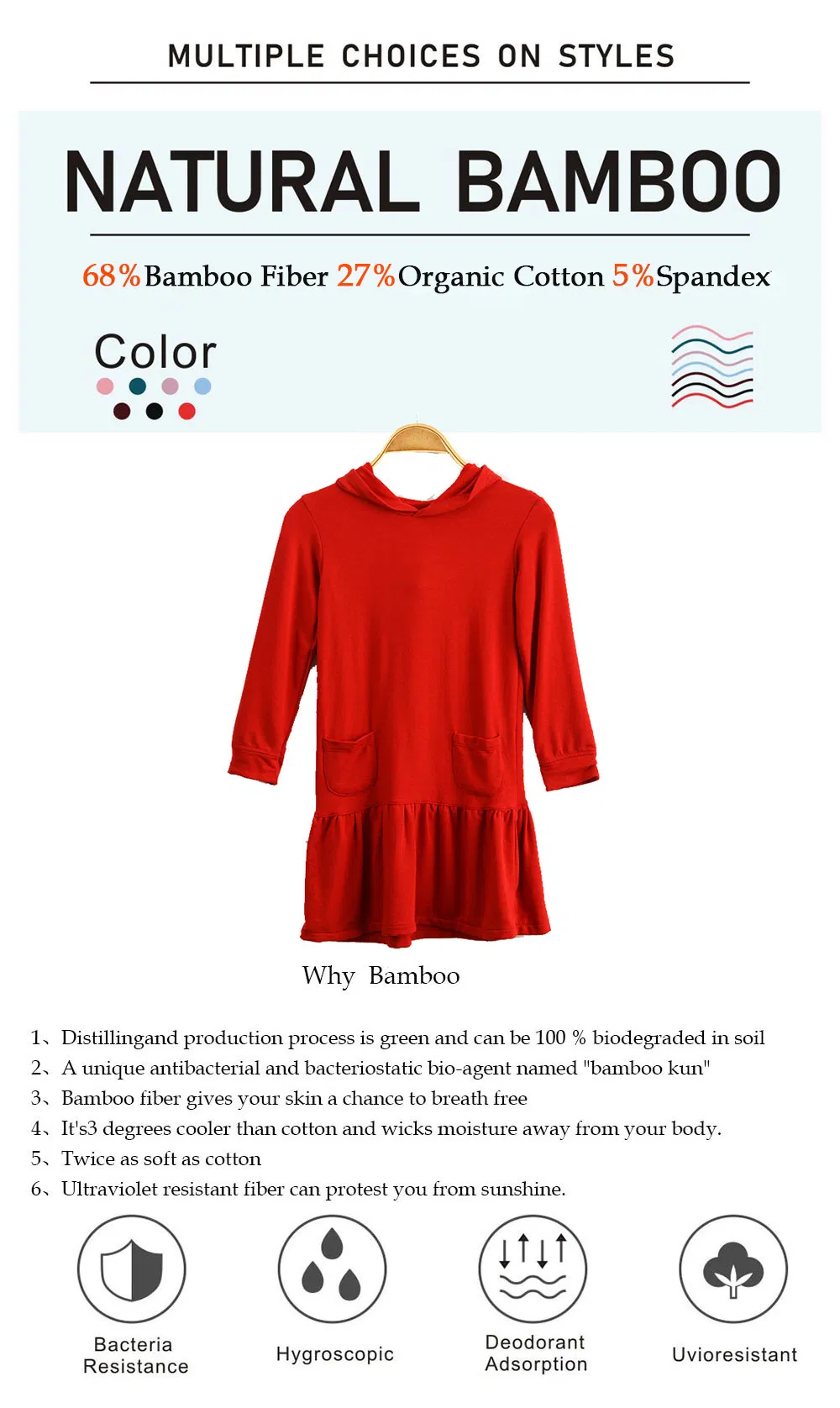 Vestido de moda con capucha de bambú de felpa de una sola cara para niñas, de manga larga y sostenible