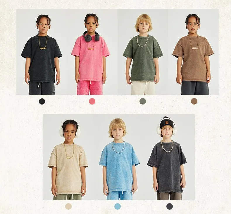 Camiseta de algodón lavada a la moda para niños de verano personalizada al por mayor 270GSM 100% Camiseta para niños con hombros caídos, camiseta vintage de lavado ácido para niños y niñas