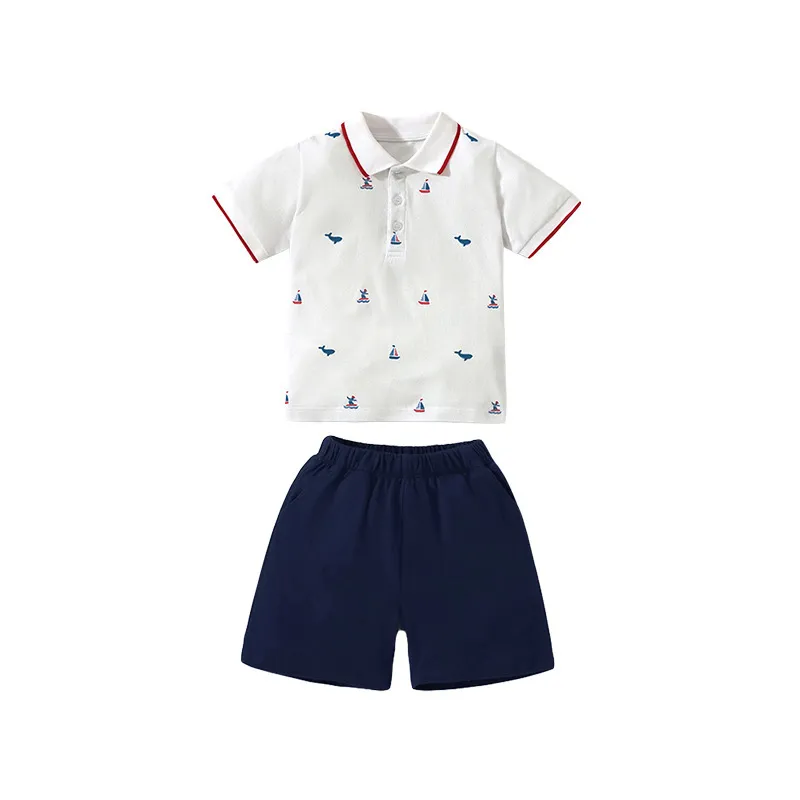 Polo de manga corta de color blanco personalizado para niños y. Pantalón corto azul marino 2pcs conjunto ropa de verano para niños