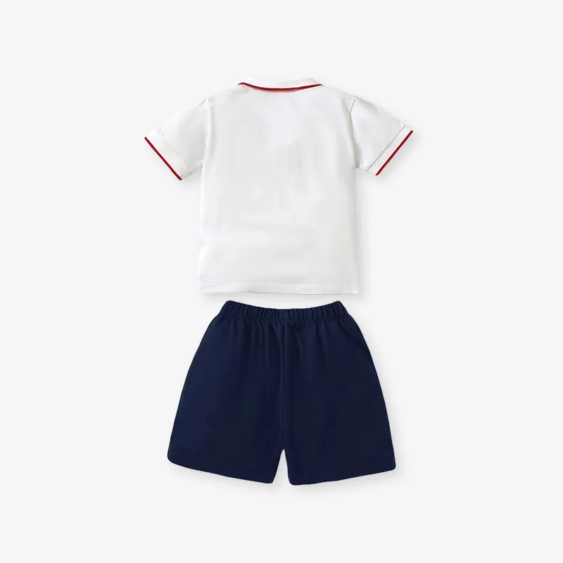 Polo de manga corta de color blanco personalizado para niños y. Pantalón corto azul marino 2pcs conjunto ropa de verano para niños