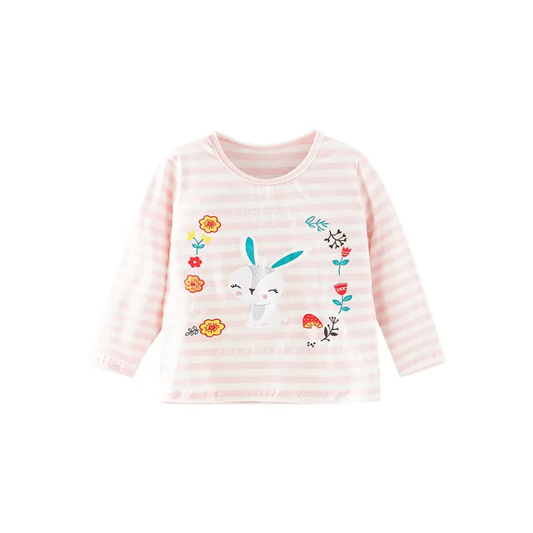 Nueva Ropa para Niños OEM/ODM Camiseta de Algodón para Niña de Cuello Redondo Color Rosa con Estampado de Dibujos Animados