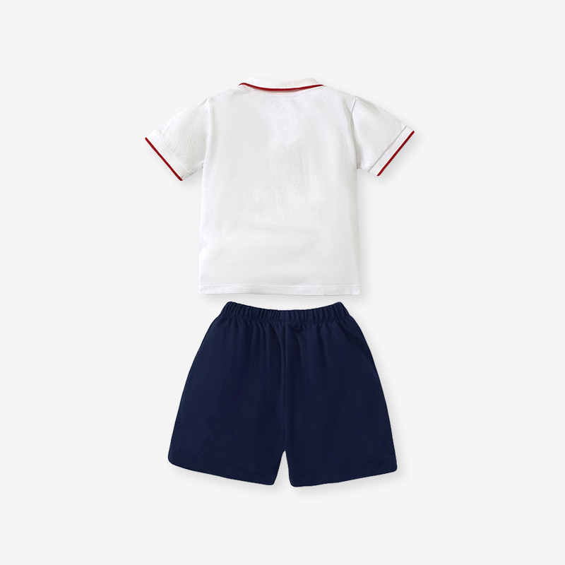 Polo de manga corta de color blanco personalizado para niños y. Pantalón corto azul marino 2pcs conjunto ropa de verano para niños