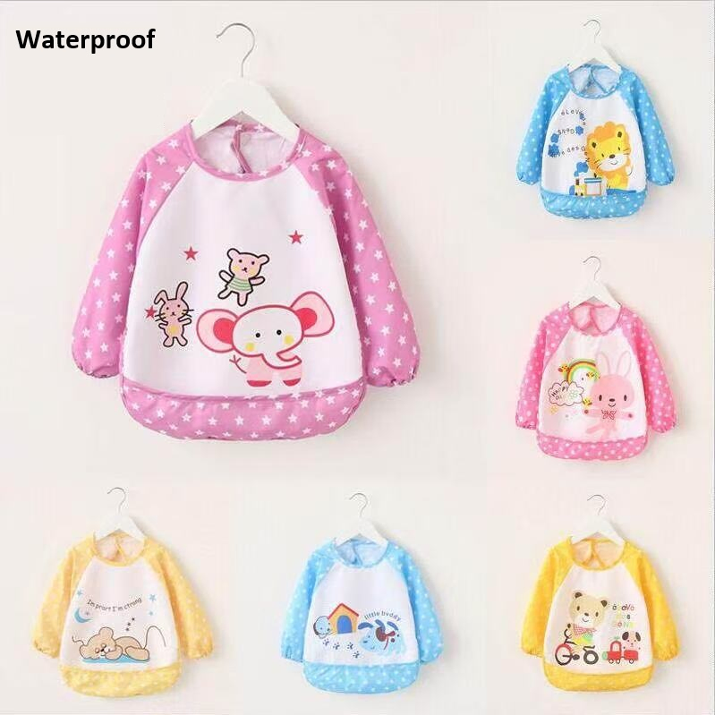 Bibs de tela con estampado de animales para bebés, baberos para niños, ropa de bebé de manga larga para la hora de la cena