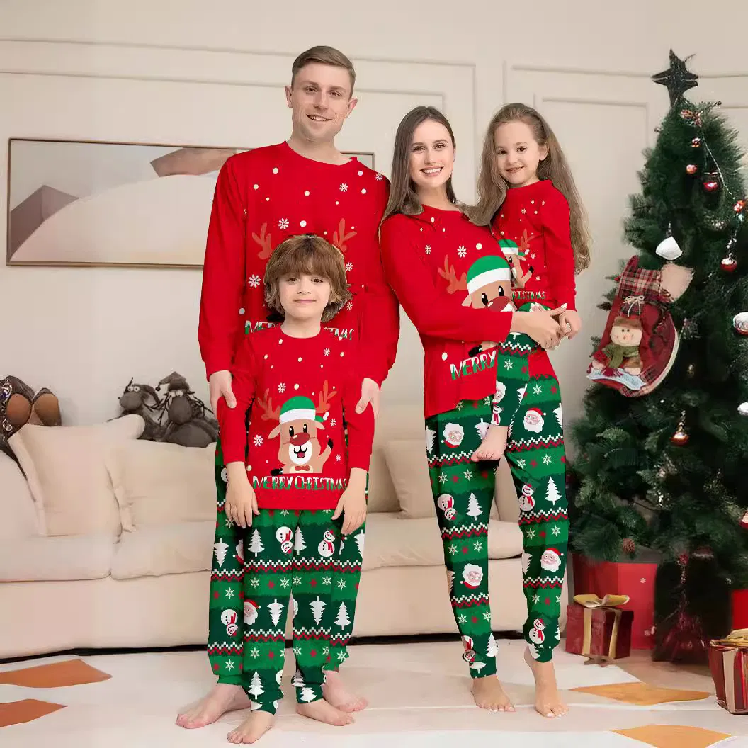 Nuevo vestido de hogar de poliéster para padres e hijos, pijama de dormir para niños, estampado de Santa en toda la prenda, conjunto navideño familiar para mascotas