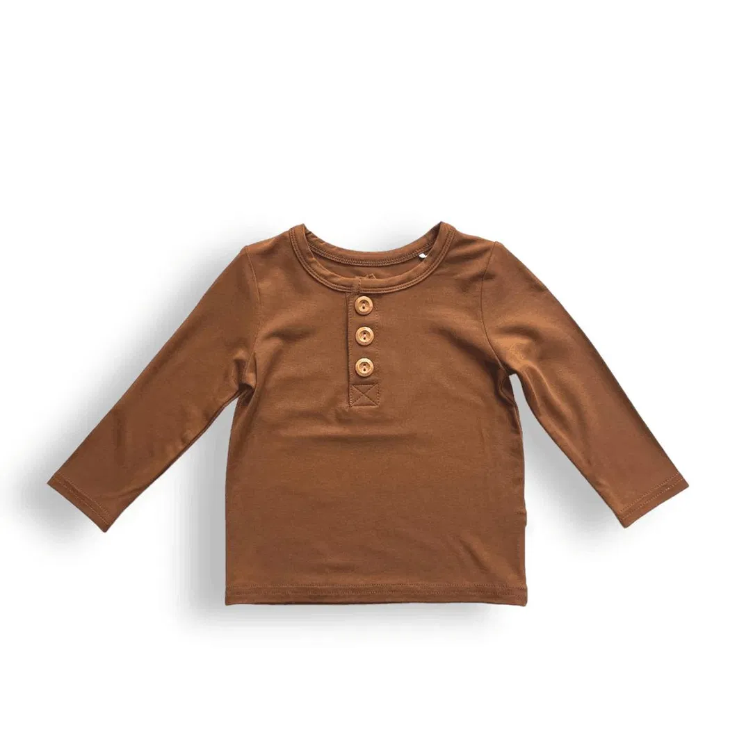 Fábrica de Ropa Camiseta de Manga Larga Henley Suave de Bambú Personalizada para Niños Ligera
