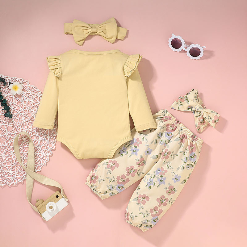 Ropa de Navidad para Niñas Pequeñas Conjuntos de Pantalones de Impresión de Flores Sólidas con Cuello Redondo de Manga Larga y Volantes 3 Piezas