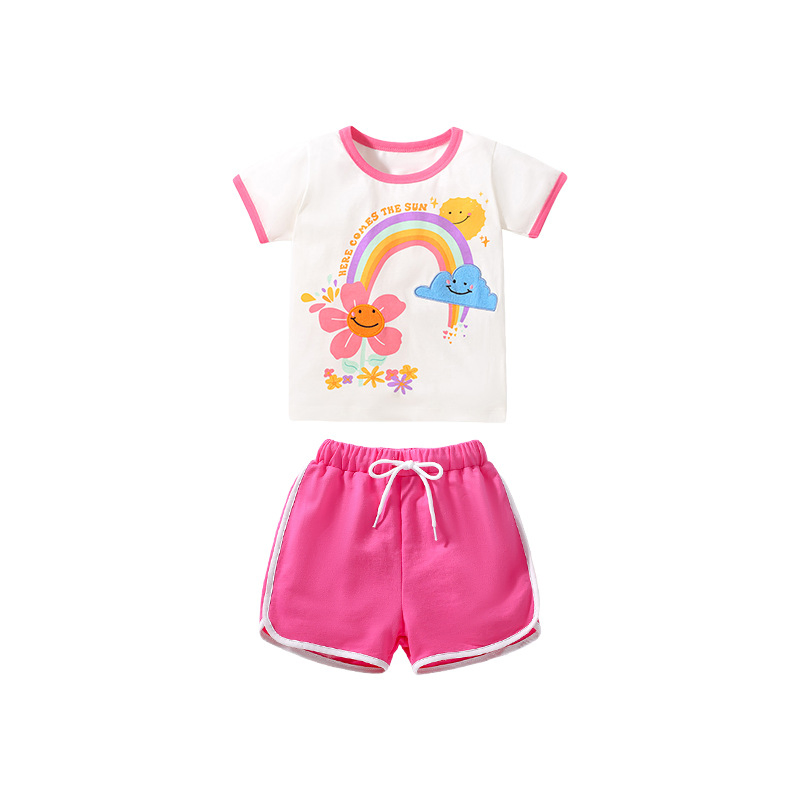 Ropa de verano 2024 Lovely and Fashion niños niña niño niño pequeño Camiseta con estampado de arco iris y pantalón corto deportivo ropa
