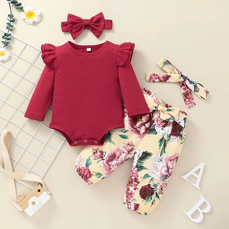 Ropa de Navidad para Niñas Pequeñas Conjuntos de Pantalones de Impresión de Flores Sólidas con Cuello Redondo de Manga Larga y Volantes 3 Piezas