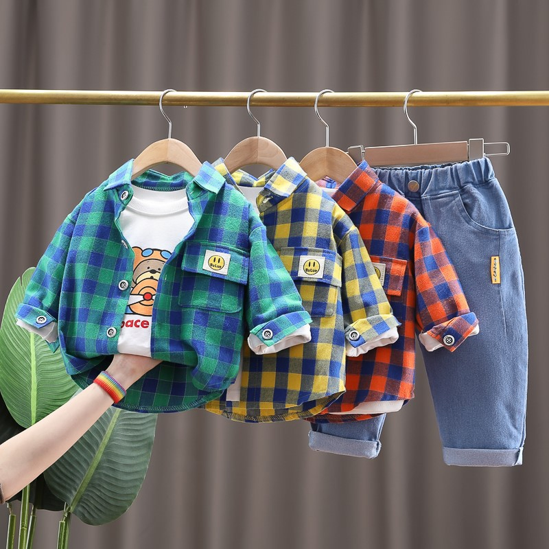 Conjunto de Primavera Otoño para Niños, Ropa Casual de Tres Piezas, Conjunto de Trajes de Cuadros para Niños, Ropa de Bebé de Dibujos Animados