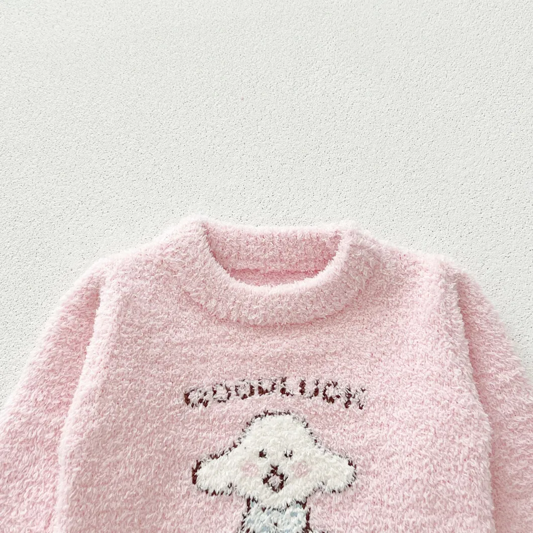 Conjunto de dos piezas de pijama de otoño e invierno para bebés y niños, ropa de punto para niñas, pantalones y top de terciopelo cálido con estampado de perro rosa, ideal para casa