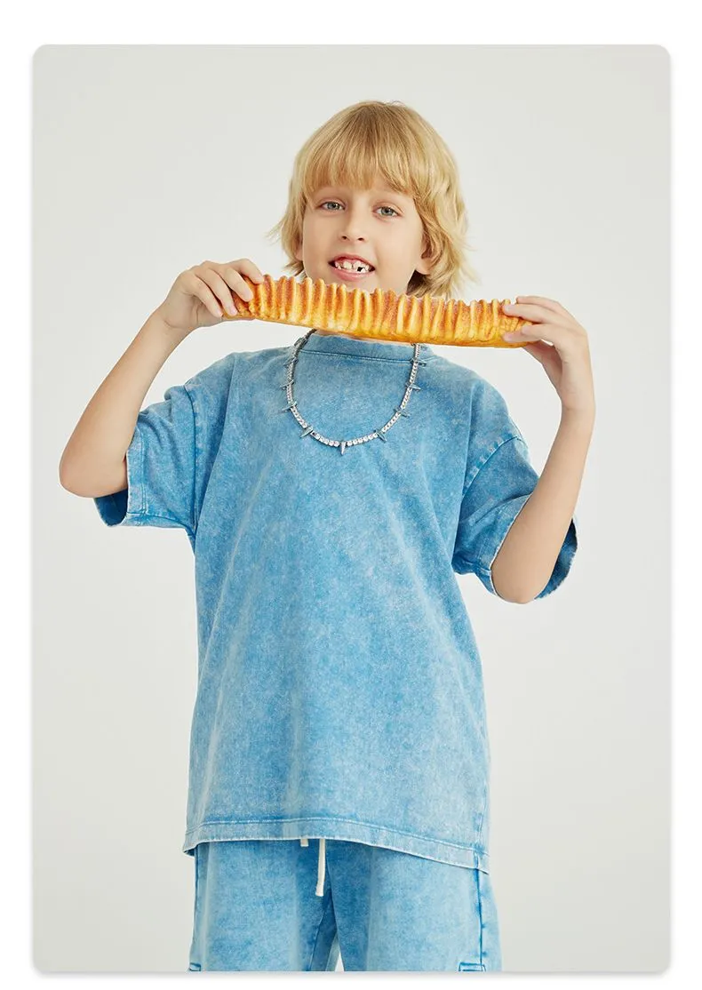 Camiseta de algodón lavada a la moda para niños de verano personalizada al por mayor 270GSM 100% Camiseta para niños con hombros caídos, camiseta vintage de lavado ácido para niños y niñas