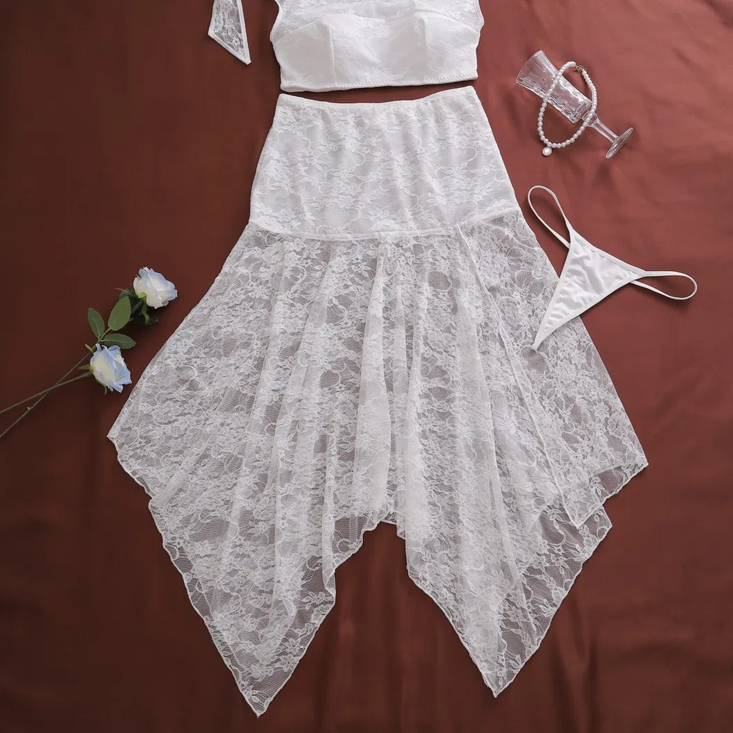 Vestido de playa con tirantes caídos, conjunto de falda ajustada de encaje transparente y sexy