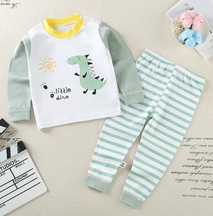 Pijamas de manga larga para niños con cuello de algodón y estampado de dibujos animados
