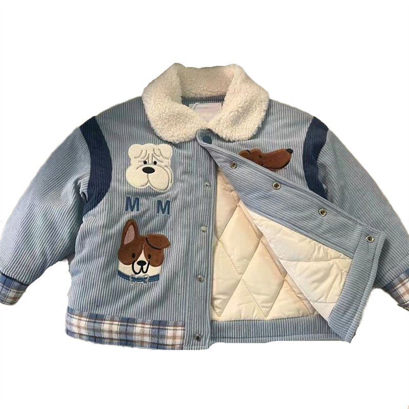 Nuevo abrigo de invierno para niños con parches de dibujos animados bordados, acolchado de algodón con forro de felpa, grueso, con cuello alto, cálido y lindo, abrigo exterior para niños